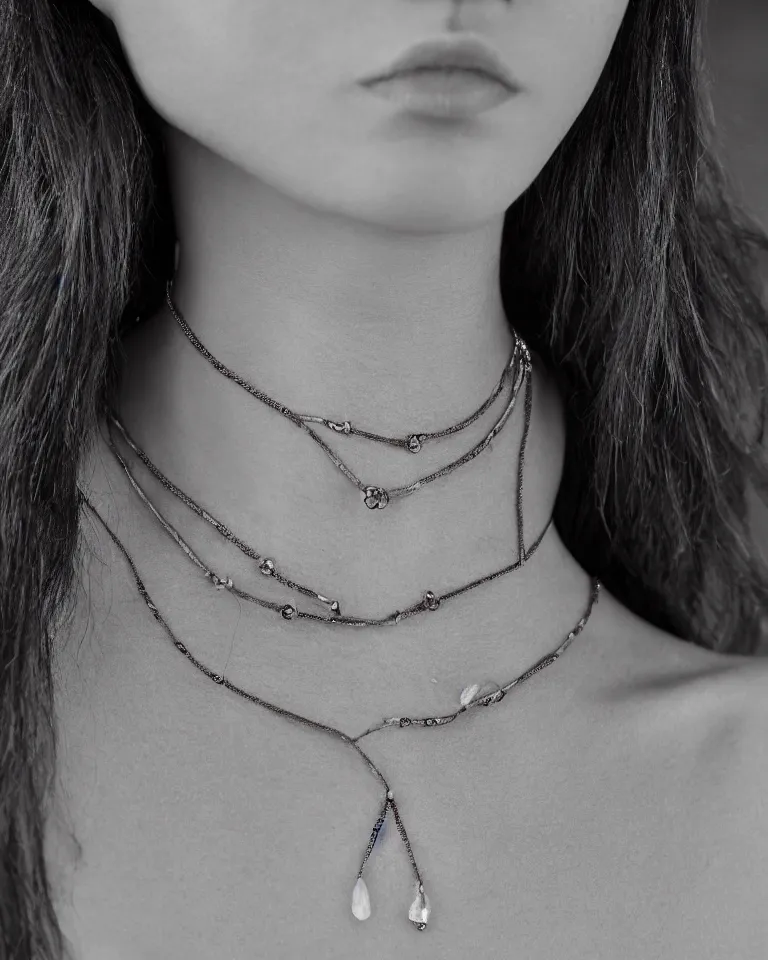 Prompt: super realistic portrait, skin detailed, of a beautiful model with a big tribal simple gem necklace in the neck, detail photo, minimal design, made of gold, canon, film camera, photography, digital art, balenciaga