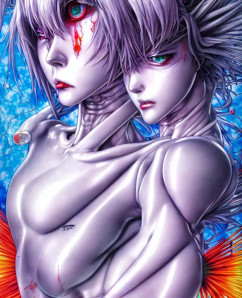 Image similar to realistic detailed image of ultra mega rainbow realistic detailed female character rei ayanami symmetrical depth perception masterpiece depth of field action horror gothic vivid colors art by yoshitaka amano by yukito kishiro by yoshiyuki sadamoto by artgerm by hajime sorayama