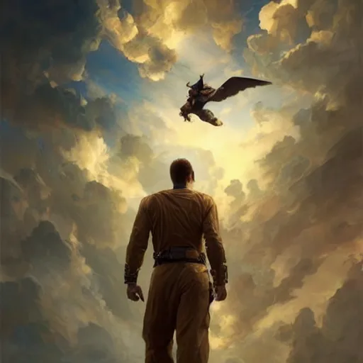 Prompt: a man flying through the sky. photorealistic. realism. 4 k wideshot. cinematic. unreal engine. masterpiece. rule of thirds. beautiful. artgerm. marc simonetti. jc leyendecker