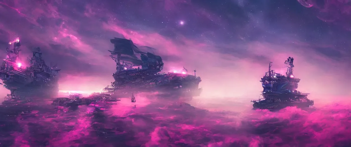 Image similar to space, mohawk, portrait big dark punk, hyperdetailed illustration, stars, pink, neon, oil painting, rich deep colors masterpiece, pirate neon ship, ultra detailed, contrast, heaven pink, clouds, volumetric light, atmospheric lighting, dramatic, cinematic, moody, octane render 4 k, 8 k