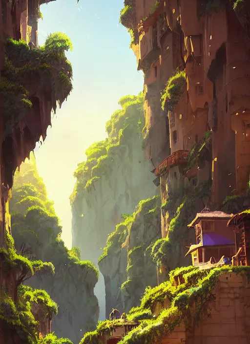 Image similar to medieval city built on terraces in a gigantic canyon, lots of buildings connected by hanging bridges, waterfalls, glow coming from amber veins in the ground, lush vegetation, pitchblack sky, extremly detailed digital painting, in the style makoto shinkai and atey ghailan, rim light, beautiful lighting, 8 k, stunning scene, raytracing, octane, trending on artstation