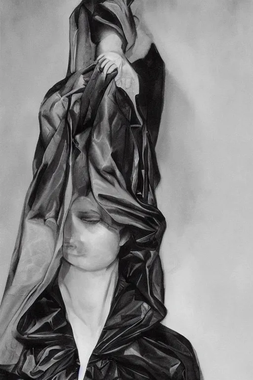 Prompt: hyperrealism mixed with classicism oil painting, close - up portrait, fashion model, fully clothes in black reflect robe, complete darkness, in style of classicism mixed with 8 0 s sci - fi hyperrealism