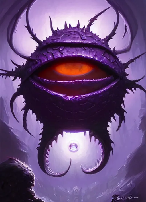Prompt: purple one - eyed beholder dnd, fantasy oil _ painting _ unreal _ 5 _ daz. _ rpg _ extremely _ detailed _ artgerm _ greg rutkowski