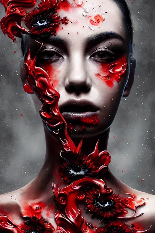 Prompt: 3 d, close - up, liquid black flowers, fashion model with red tattoo, flame, poster art, high detail, intricate oil painting, multiple exposure, hyperrealism, 3 d, by tooth wu and wlop and beeple and greg rutkowski