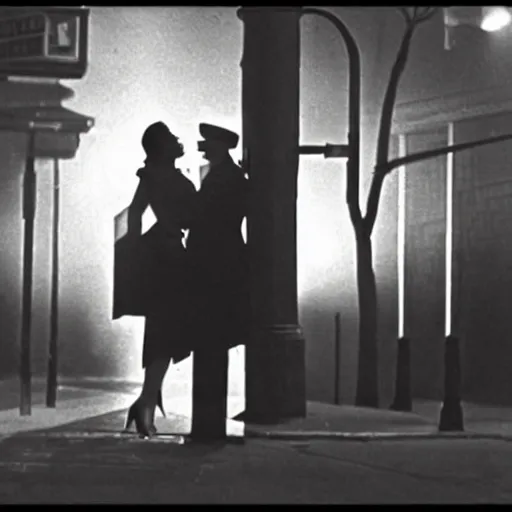 Image similar to random film still from a 1 9 4 0's film noir movie with a man and woman kissing under a street light