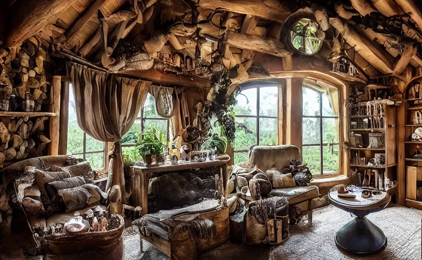 Image similar to cottage living room interior with a witch cauldron and bottles of potions and ingredients in jars, sunny, natural materials, rustic wood, window sill with plants, vines on the walls, dried herbs under the ceiling bookshelves, design. A dragon looking through the window