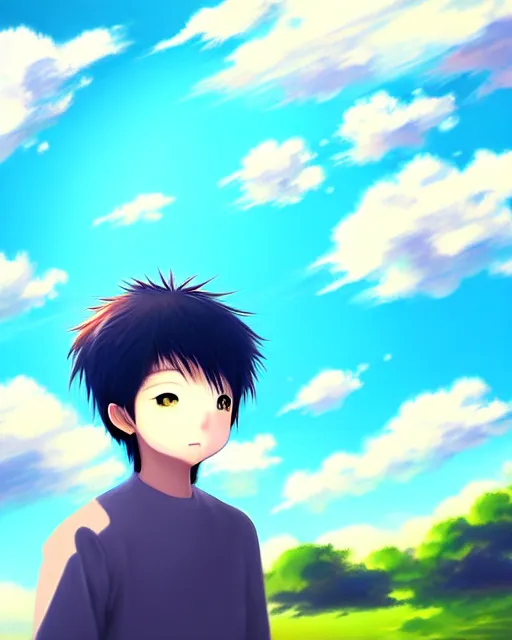 Image similar to simple realistic anime clouds, midday, digital art, trending on artstation, gradient colors, fisheye perspective