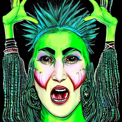 Image similar to green haired woman with bullhorns coming out of her head, six arms, hyperdetailed legs, Egyptian makeup, psychedelic clothing