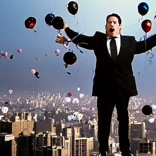 Prompt: clean-shaven Jon Favreau as Happy Hogan wearing a black suit and black necktie holding onto a bunch of helium balloons as he floats high above a city with a frightened expression on his face