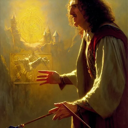 Image similar to weird al as a wizard casting a spell, highly detailed painting by gaston bussiere, craig mullins, j. c. leyendecker, 8 k