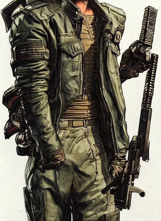 Image similar to menacing cyberpunk mercenary in military vest and jumpsuit wielding katana. dystopian. portrait by stonehouse and mœbius and will eisner and gil elvgren and pixar. realistic proportions. cyberpunk 2 0 7 7, apex, blade runner 2 0 4 9 concept art. cel shading. attractive face. thick lines.