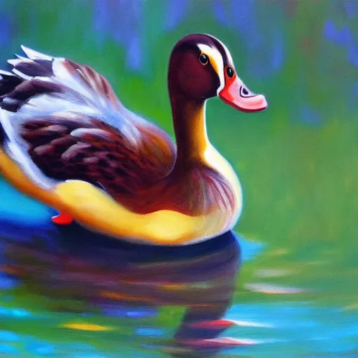 Prompt: a duck on the prowl oil painting manuela sambo