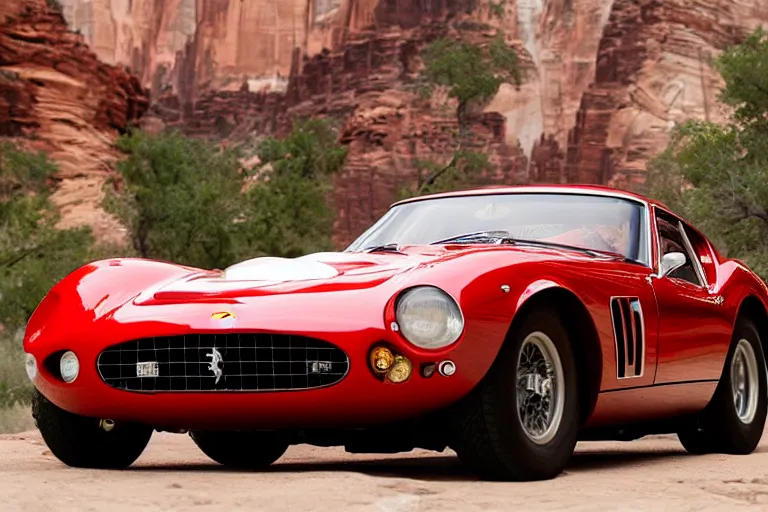 Image similar to cinematography Ferrari 250 GTO series 2 in Zion national park by Emmanuel Lubezki