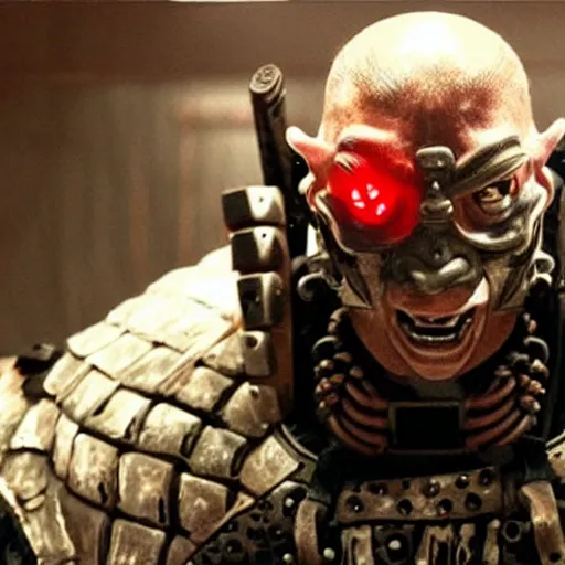 Image similar to fierce big muscular samurai wearing a cybernetic oni mask, cyber, scifi, movie still