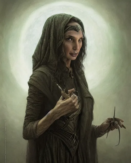 Prompt: Portrait of gal gadot as a wicked 100 year old witch, old wrinkled gal gadot by Tomasz Alen Kopera and greg rutkowski and enki bilal, glowing eyes, sad, masterpiece