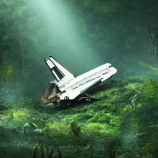 Prompt: a crashed space shuttle being reclaimed by the jungle, cinematic lighting