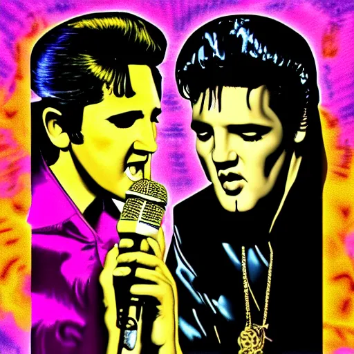 Image similar to elvis presley and snoop dog singing a duet one microphone, detailed, beautiful, colorful, black velvet painting, digital art