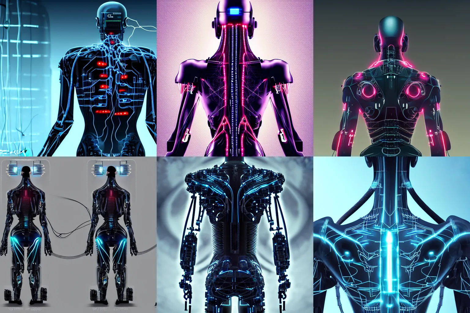 Prompt: terrifying ominous evil cyborg charging behind the neck, hyper detailed schematics neural sci fi, wires and cables from the back of the neck, high octane cybernetics, featured on cgsociety, ultra 4 k concept turnaround