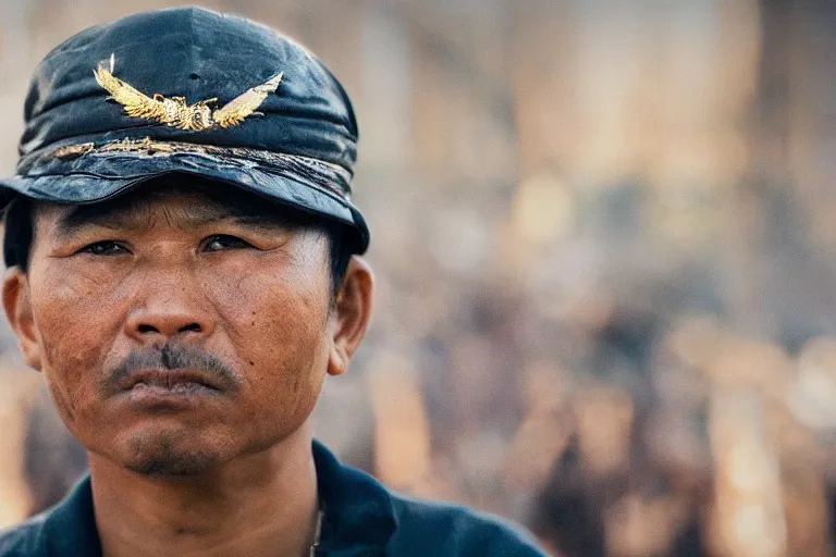 Image similar to close - up photo of smart khmer warlord in a battle scene, detailed eyes, shallow depth of field, photorealistic, cinematic lighting, lovely bokeh, warm colours, dusk