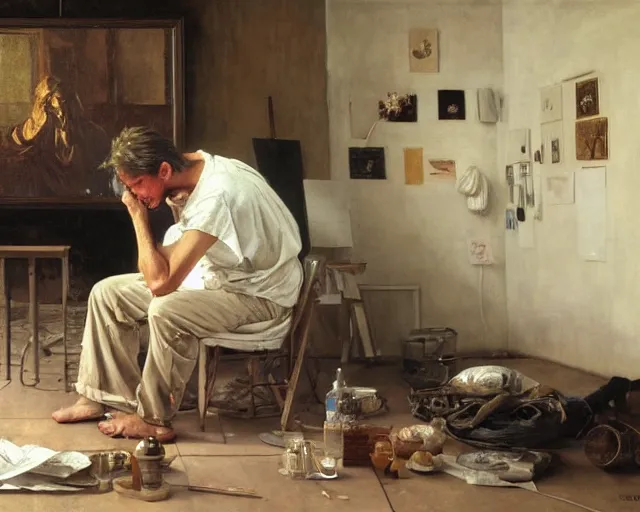 Prompt: an exhausted painter in his studio painting a picture of a beautiful model - key lighting, soft lights, by steve hanks, by edgar maxence, by caravaggio, by michael whelan, by delacroix, by serov valentin, by tarkovsky, 8 k render, detailed, oil on canvas