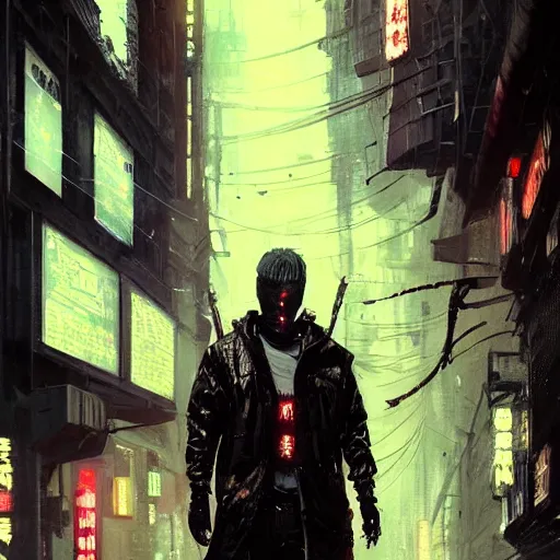 Image similar to a beautiful ukiyo painting of full body cyberpunk blade runner, dramatic pose, wearing japanese techwear, detailed symmetrical, intricate complexity, concept art, by ismail inceoglu dragan bibin hans thoma greg rutkowski alexandros pyromallis nekro rene maritte illustrated, perfect face, fine details, realistic shaded, fine - face, pretty face