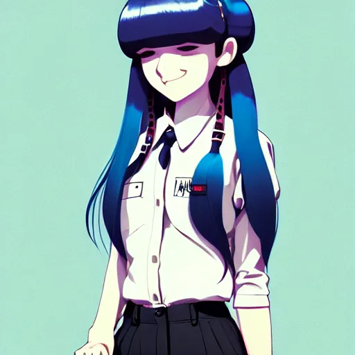 Image similar to urban school girl in shirt fanart, dark blue long hair, muted colors, matte print, pastel colors, ornate, digital art, cute smile, digital painting, fan art, elegant, pixiv, by Ilya Kuvshinov, by Studio Ghibli