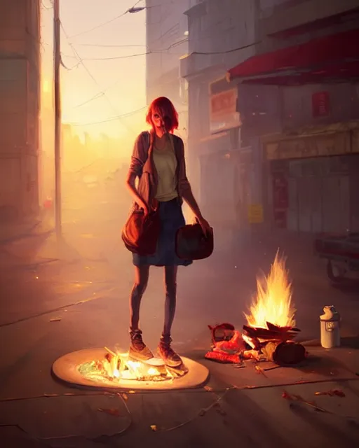 Image similar to portrait of homeless Taylor Swift wearing tattered rags barbecuing shoes on a portable stove, in GTA V, Stephen Bliss, unreal engine, by Greg Rutkowski, Loish, Rhads, Makoto Shinkai and Lois van baarle, ilya kuvshinov, rossdraws, global illumination, radiant light, detailed and intricate environment