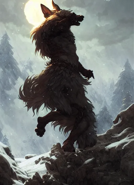 Image similar to Fenrir freeing all his power, Nordic landscape, fantasy magic, dark light night, sharp focus, digital painting, concept art, d&d, art by WLOP and Artgerm and Greg Rutkowski and Alphonse Mucha