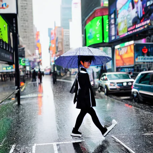 Image similar to hatsune miku cosplayer walking down a rainy new york city street, ef 8 5 mm f 1. usm