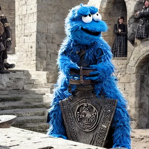 Image similar to cookie monster in game of thrones. sitting on the iron throne. looking evil.