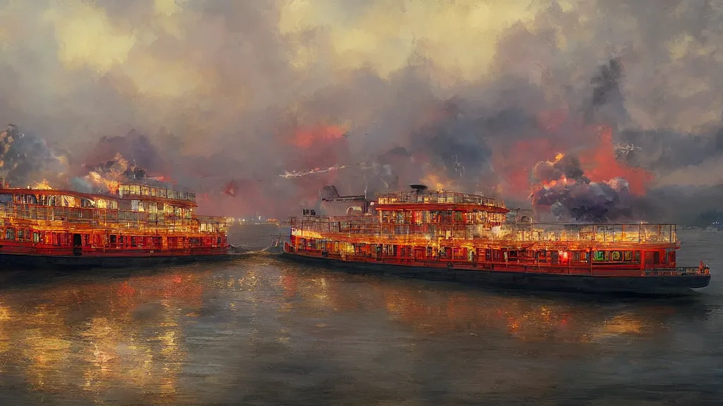 Prompt: a colorful steamboat on the mississippi, by yuumei, bayard wu, wlop, tim white, ross tran, 4 k