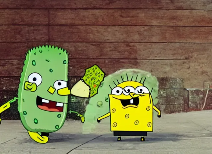 Prompt: a battle between a pickle and spongebob