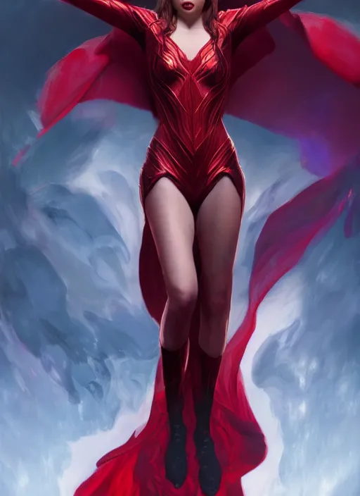 Image similar to Scarlet Witch as Lucifer morningstar, portrait, full body, hyper realistic, trending on artstation, art by wlop and J. C. Leyendecker and Edmund Bliar Leighton and Charlie Bowater, unreal engine render, octane render