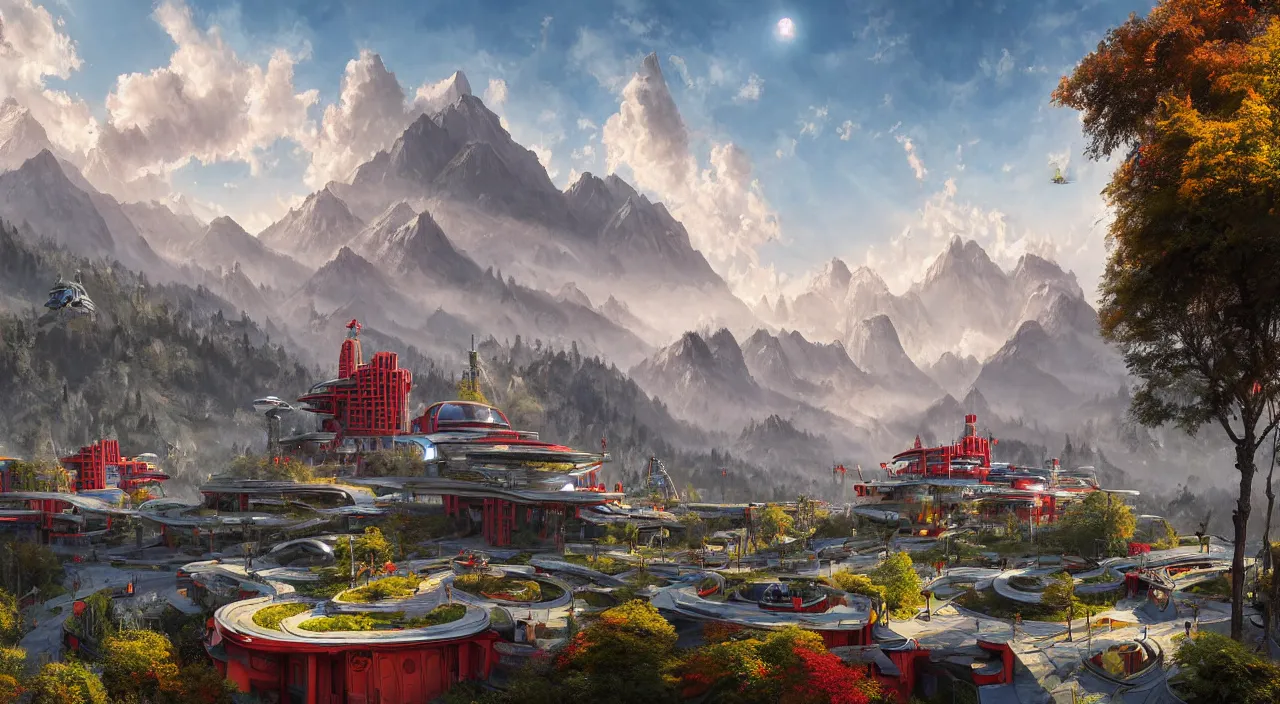 Image similar to futuristic sci-fi city under Kashmir mountains, mosques made of wood in ornate style, and hill valley grec greeble glory island little wood bridge painting of tower, maple with red leaves, and cottages ivy plant in marble late afternoon light, wispy clouds in a blue sky, by frank lloyd wright and greg rutkowski and ruan jia