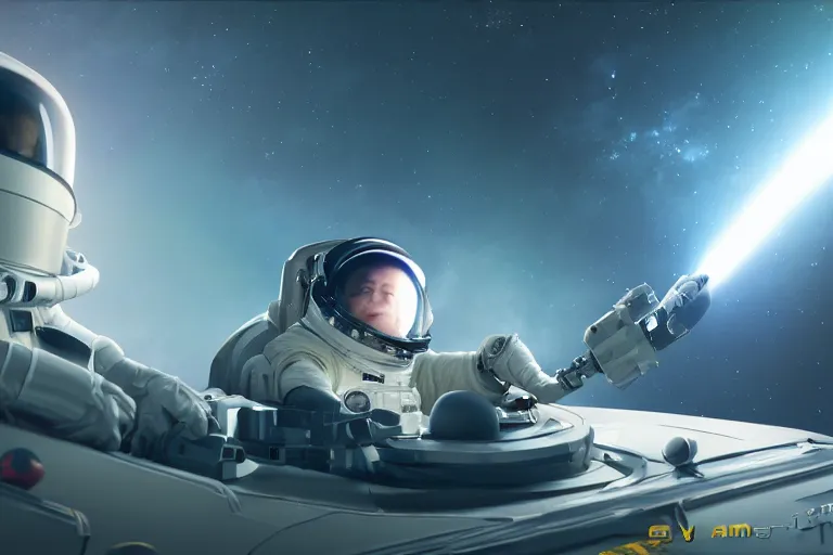 Image similar to astronaut chasing a spaceship Anime, wide angle, fine details, cinematic. galaxy starscape. realistic shaded lighting by Ilya Kuvshinov Giuseppe Dangelico Pino and Michael Garmash and Rob Rey greg rutkowski, octane render, IAMAG premiere, aaaa achievement collection, elegant freckles, cinematic hologram, fabulous, daily deviation, annual award winner