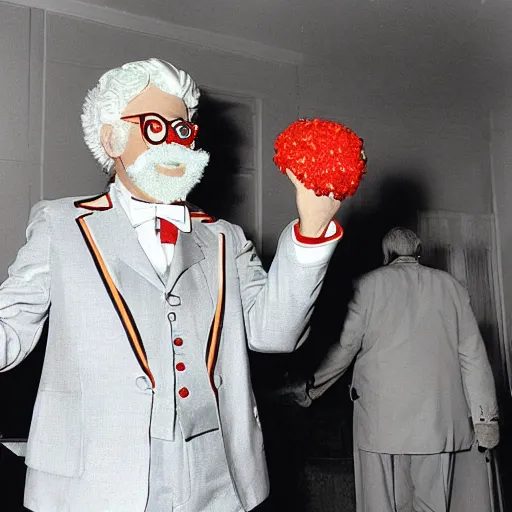 Image similar to colonel sanders dressed as ronald mcdonald