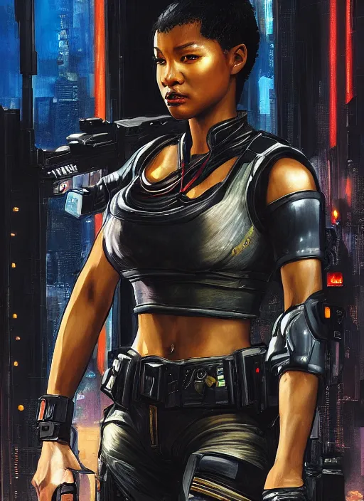 Image similar to black chun li. cyberpunk police trooper in a military vest ( blade runner 2 0 4 9, cyberpunk 2 0 7 7 ). orientalist portrait by john william waterhouse and james gurney and theodore ralli and nasreddine dinet, oil on canvas. cinematic, hyper realism, realistic proportions, dramatic lighting, high detail 4 k