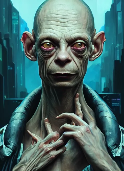 Image similar to portrait of gollum as a character in Cyberpunk 2077, looking at camera, intricate, elegant, sci-fi, extremely detailed, digital painting, artstation, concept art, smooth, sharp focus, illustration, ambient lighting, incredible art by artgerm and greg rutkowski and alphonse mucha and simon stalenhag