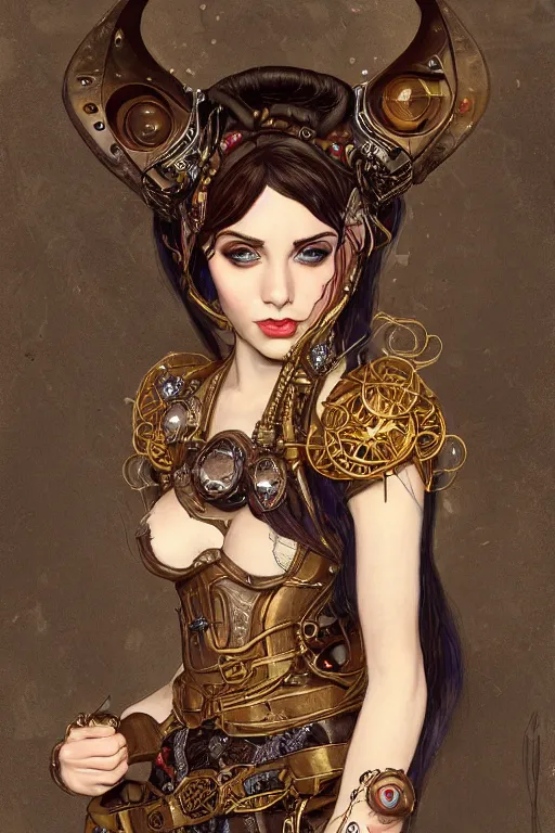 Prompt: portrait of beautiful young elf girl, steampunk, highly detailed, artstation, illustration, art by Gustav Klimt