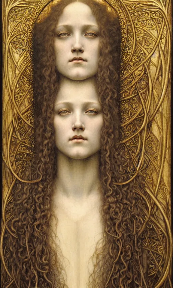 Image similar to detailed realistic beautiful young medieval queen face portrait by jean delville, gustave dore and marco mazzoni, art nouveau, symbolist, visionary, gothic, pre - raphaelite. horizontal symmetry