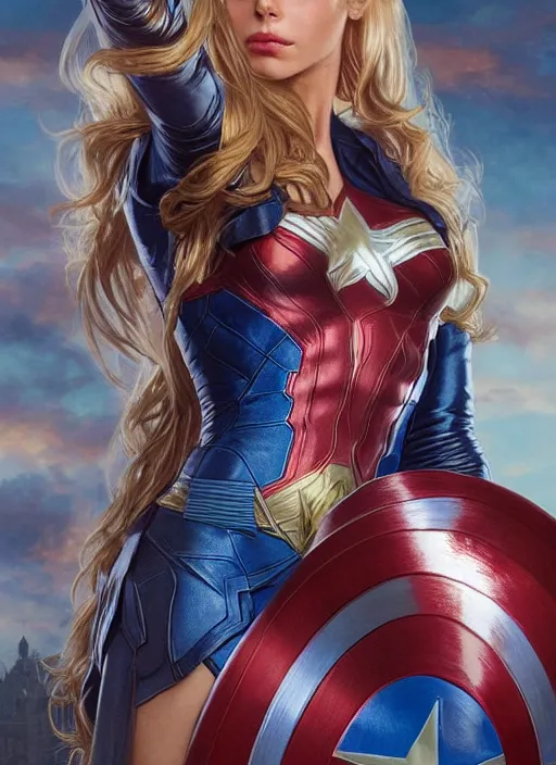 Prompt: toned young april with a mischievous face and extremely long blonde wavy hair dressed as teen superhero, posing with hands behind back, captain america, wonder woman, intricate detailed face, artgerm, greg rutkowski, alphonse mucha