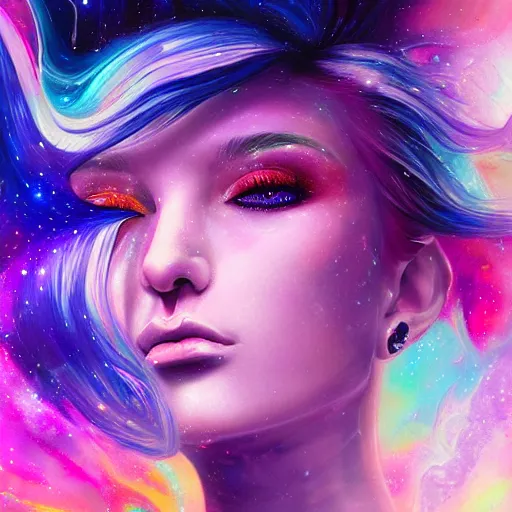 Image similar to a galaxy pink purple and blue colored psychedelic ethereal portrait of kim petras with her eyes closed transcending to a higher plane of existence, eternal blessing, multiverse, by android jones, by ben ridgeway, visionary art, by artgerm, featured on artstation, cgsociety, by greg rutkowski