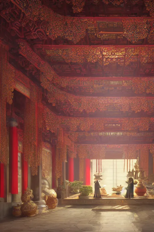 Image similar to inside a luxurious chinese temple, portrait, powerfull, intricate, elegant, volumetric lighting, scenery, digital painting, highly detailed, artstation, sharp focus, illustration, concept art, ruan jia, steve mccurry