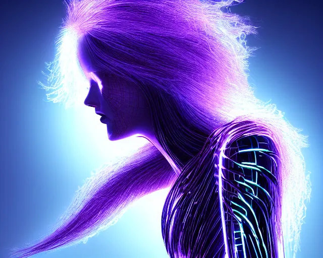 Image similar to glowing hair, complex cybernetic beings, beautiful hairy humanoids, cybermagnetosphere, cybernetic civilizations, ornate hair, love, joy, vortexes, large arrays, data holograms, 8 k, cinematic light shadows, wet hdr refractions, *, * * *, * * * * *