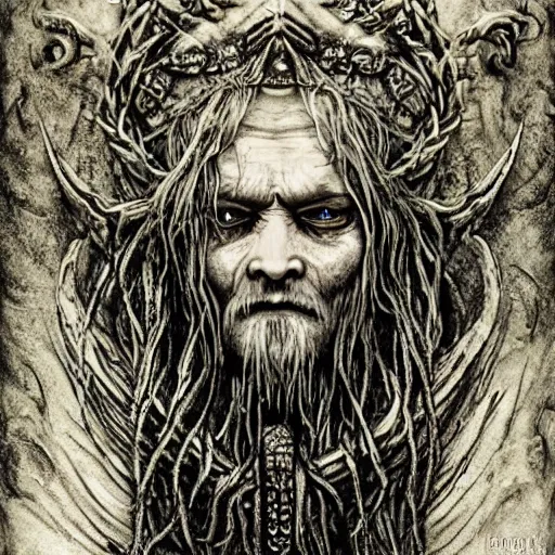 Prompt: viking north druid lich mermaid king looks like Johnny Depp wise old man god of death witch pagan face portrait, underwater, covered in runes, crown made of bones, necromancer, zdzisław beksiński, mikhail vrubel, hr giger, gustav klimt, symmetry, mystical occult symbol in real life, high detail, green light