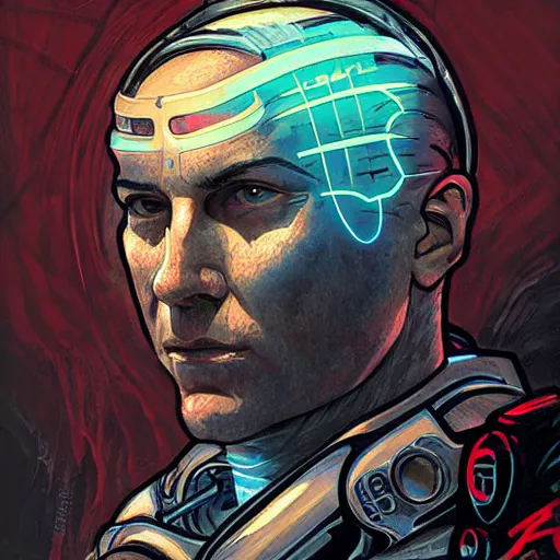 Prompt: cyberpunk portrait of benjamin netanyahu as a cyborg, by clint cearley and ashley wood and alphonse mucha