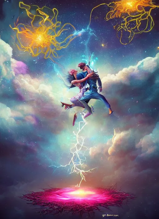 Prompt: An epic fantastic realism comic book style painting of the most beautiful entwined flowers launched across the dark cosmic sky, floating bouquets, fisheye, lightning creating life, unreal 5, DAZ, hyperrealistic, octane render, dynamic lighting
