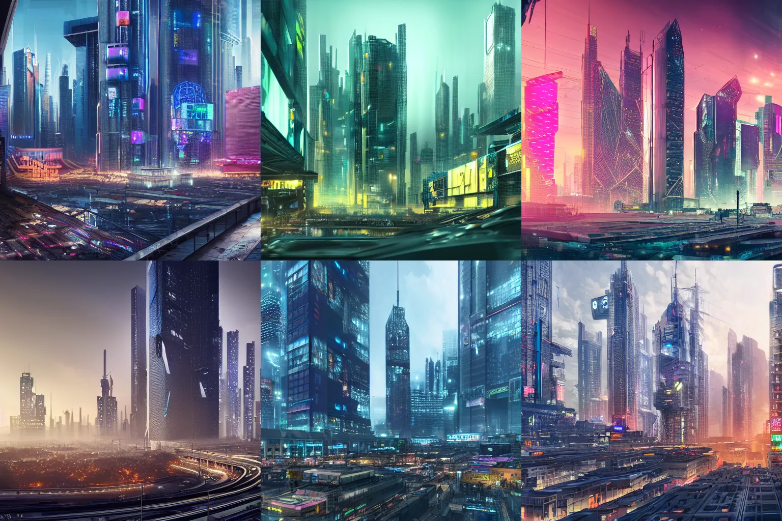 Prompt: Dystopian Cyberpunk city, glitzy corporate plaza with megatowers, vibrant, realism, highly detailed digital art, 8k Octane