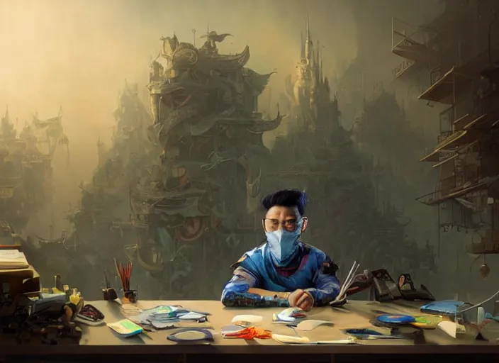 Image similar to an insanely detailed painting of an asian man wearing a homemade superhero costume, sitting at a desk, staring seriously at the computer and typing, in the style of peter mohrbacher, james jean, ruan jia, dramatic lighting and composition, surreal background, octane render, pixar, trending on artstation, concept art, comic book, view from behind, 8 k