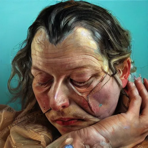 Prompt: high quality high detail painting by lucian freud and jenny saville, hd, hyper diemensional, turquoise